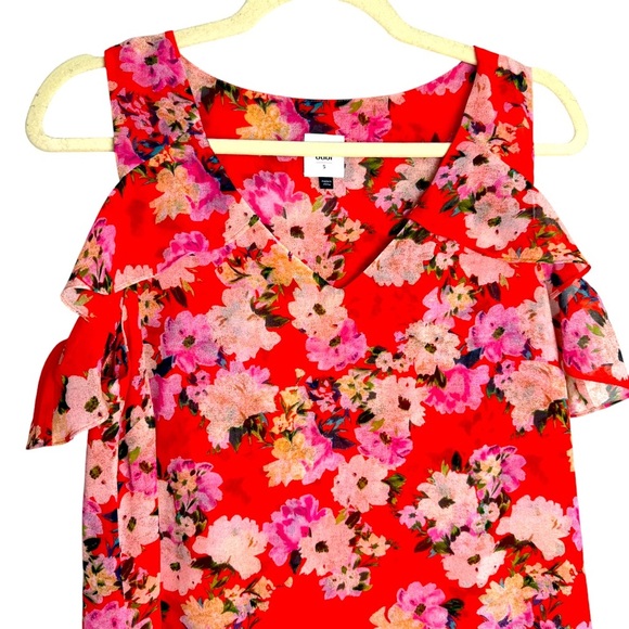 Cabi Floral Print Orange Lush Cold Shoulder Top Ruffled Size S Lined Pullover - Picture 7 of 8